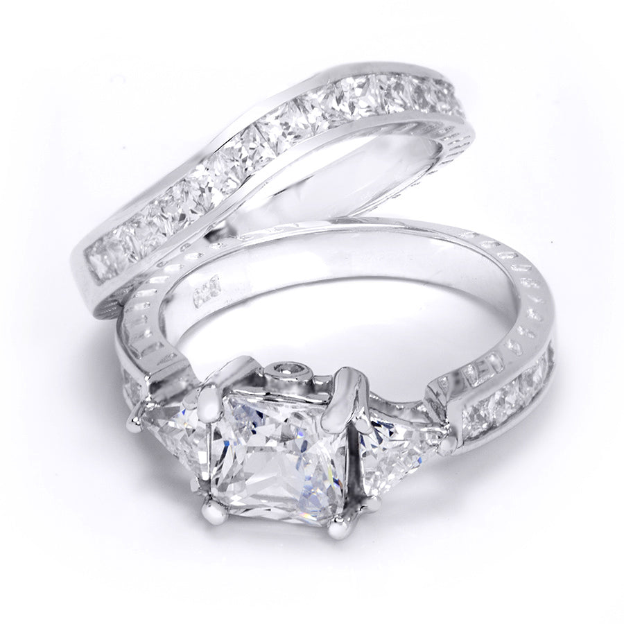 Womens 4.5 Carat Princess Cut Wedding Band Engagement Ring Set Silver
