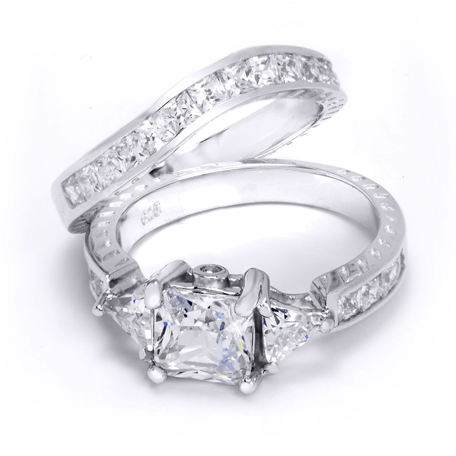 Sterling Silver Womens CZ Princess Cut 4.5 Carat Wedding Ring Set