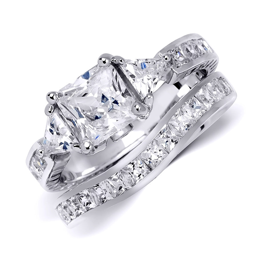 Sterling Silver Womens CZ Princess Cut 4.5 Carat Wedding Ring Set
