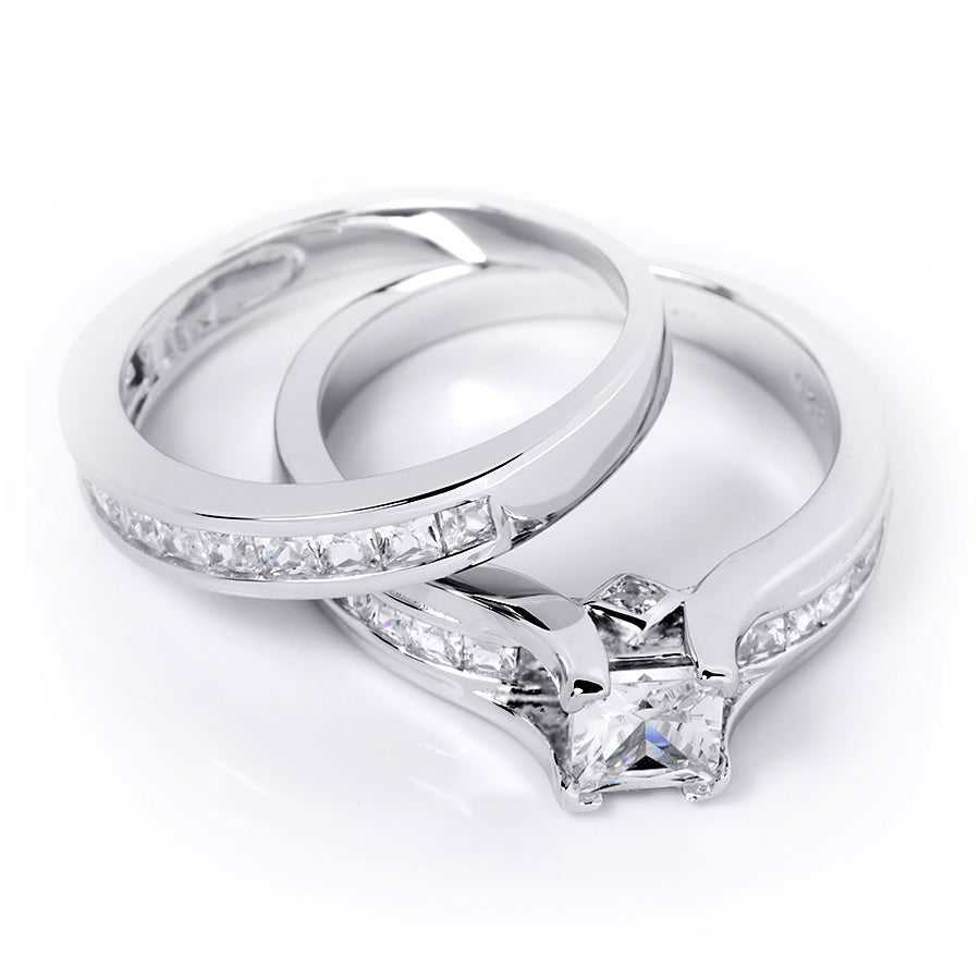 Womens Brilliant 1.5 Carat CZ Princess Cut Wedding Ring Set Silver
