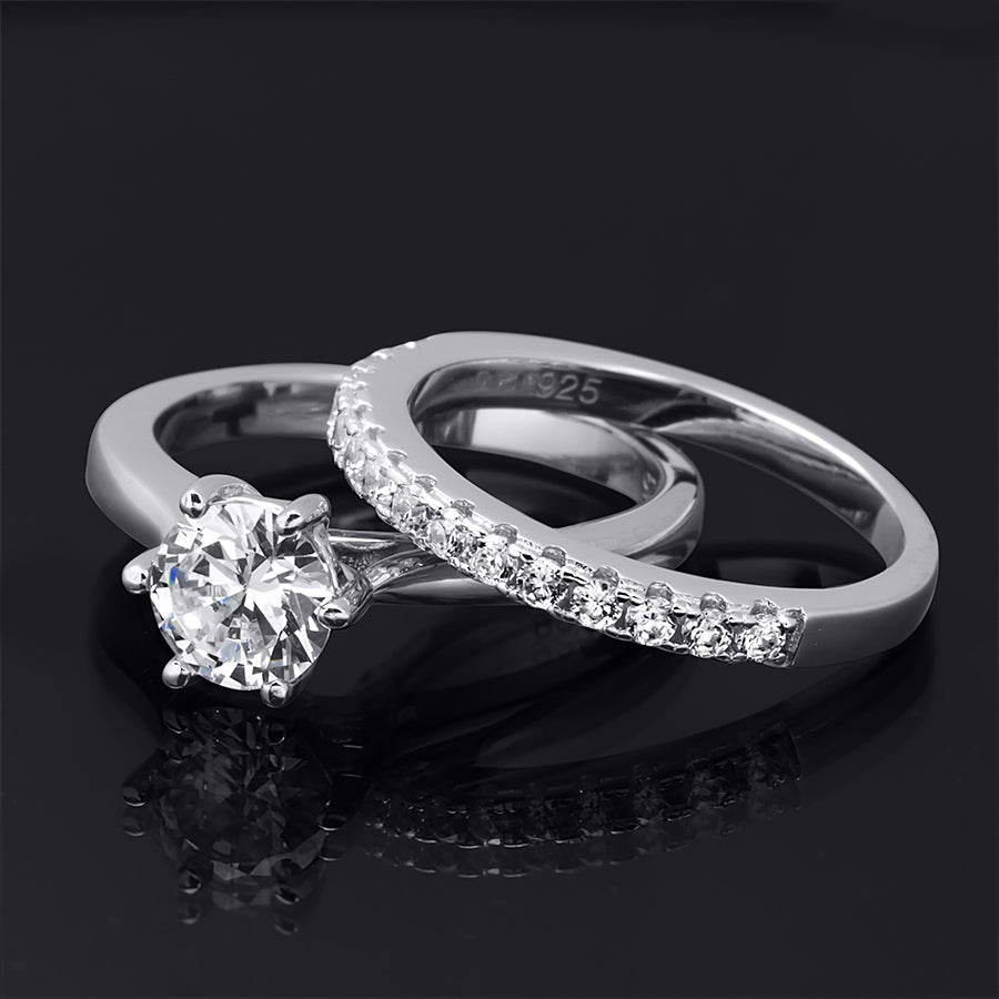 1.5 Carat Round Cut Sterling Silver Wedding BAND Engagement RING Set