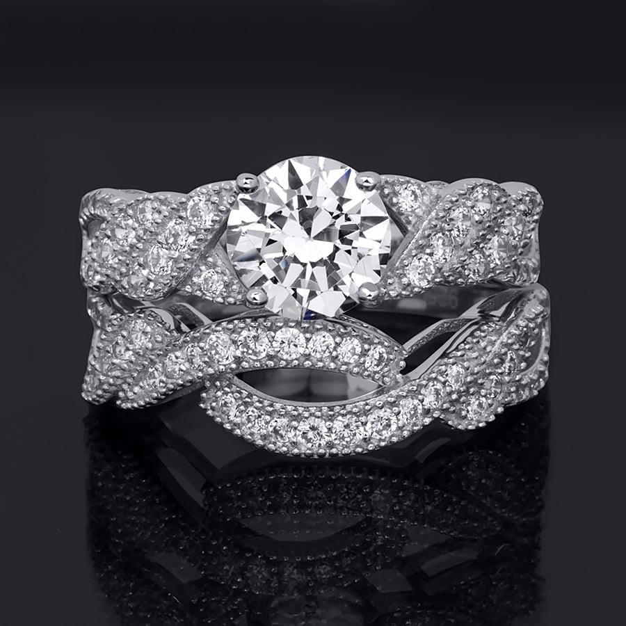 Sterling Silver 3.80 Carat Wedding Band Engagement Ring Set Round Cut