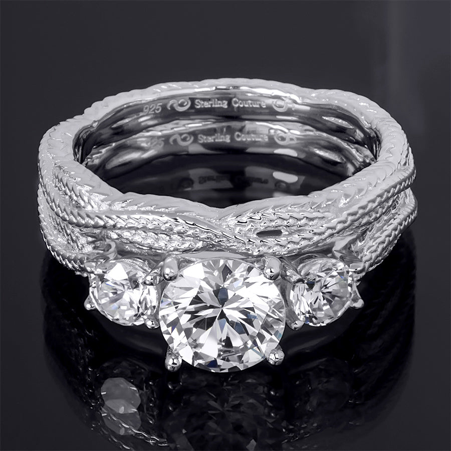 Sterling Silver 1.60ct Round Cut S-Curve Wedding Bridal Ring Set