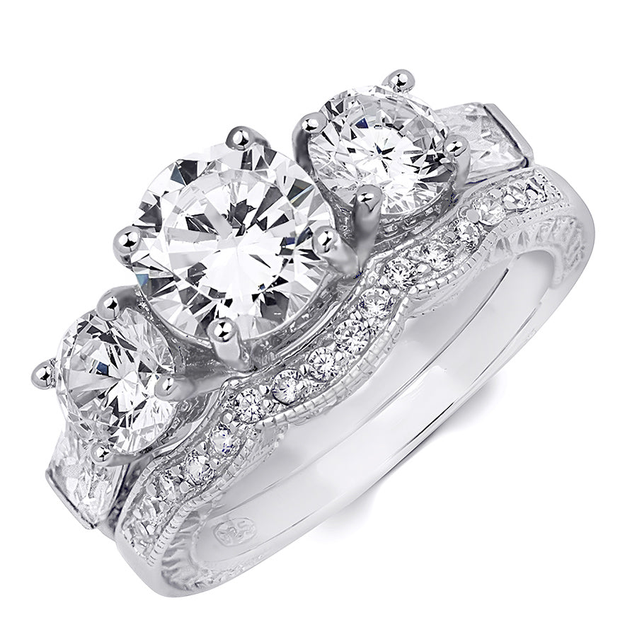 2.25 CT Brilliant Round Cut 3-Stone Wedding Band Ring Set Silver