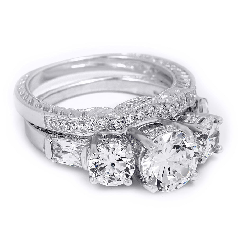 2.25 CT Brilliant Round Cut 3-Stone Wedding Band Ring Set Silver