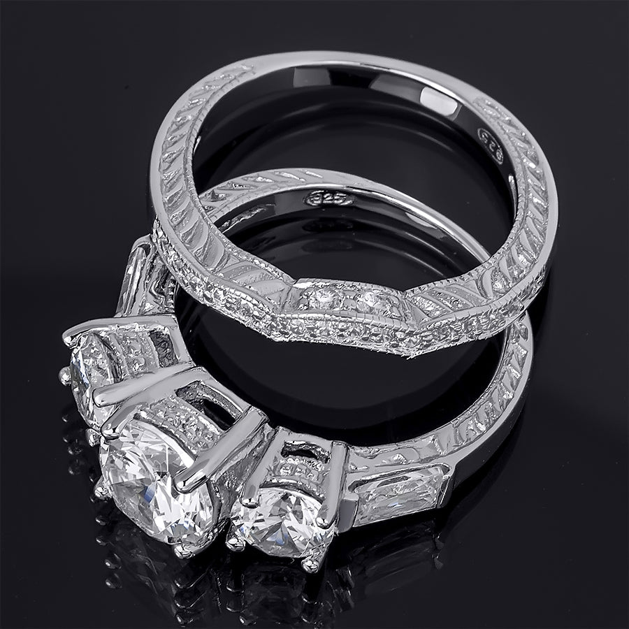 2.25 CT Brilliant Round Cut 3-Stone Wedding Band Ring Set Silver