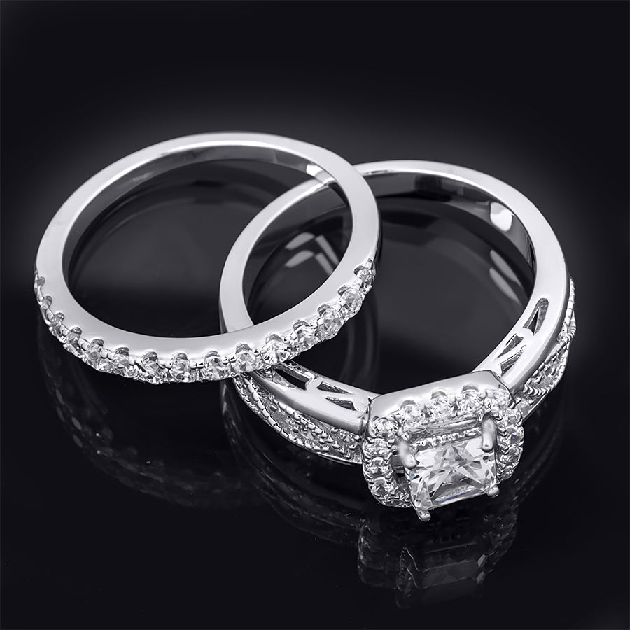 Womens 1.50 Carat CT Round Cut Wedding Band Engagement Ring Set Silver Size 5-9