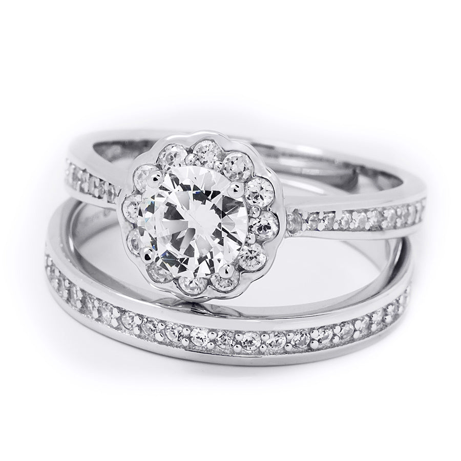 Sterling Silver 1.15 Carat Flower Design Bridal Ring Set Comfort Fit