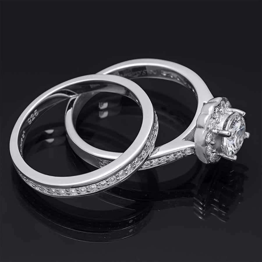 Sterling Silver 1.15 Carat Flower Design Bridal Ring Set Comfort Fit