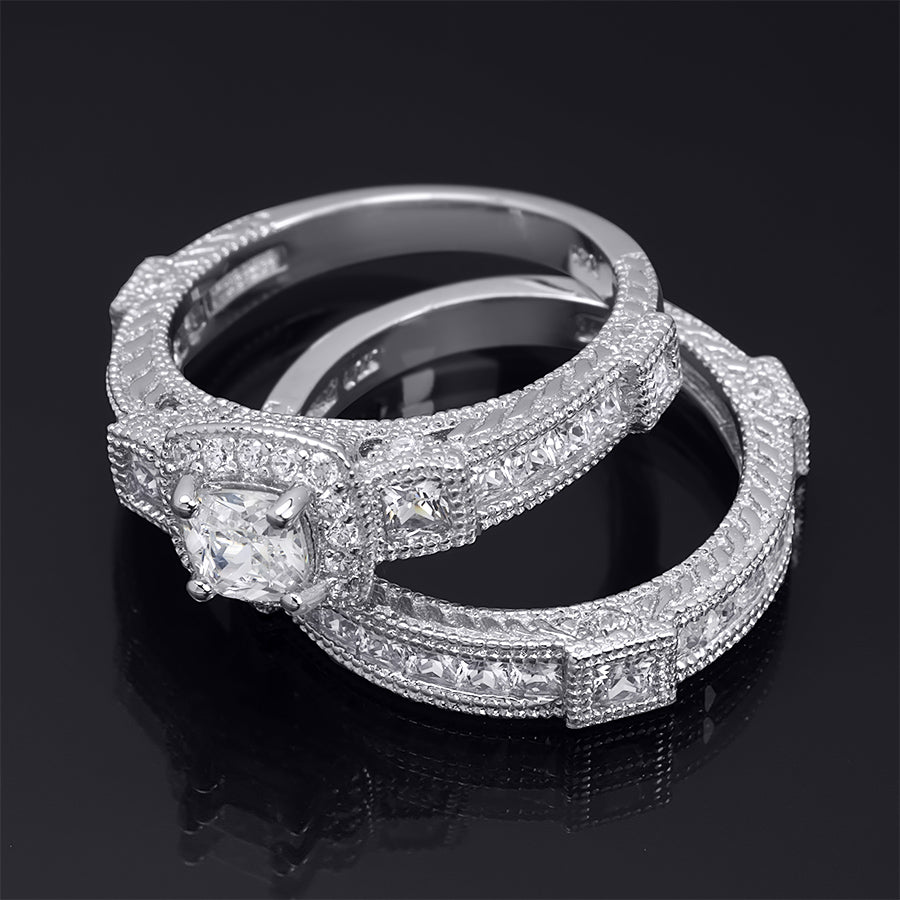 1.5 Carat Princess Cut Wedding Band Bridal Ring Set Real Solid Silver