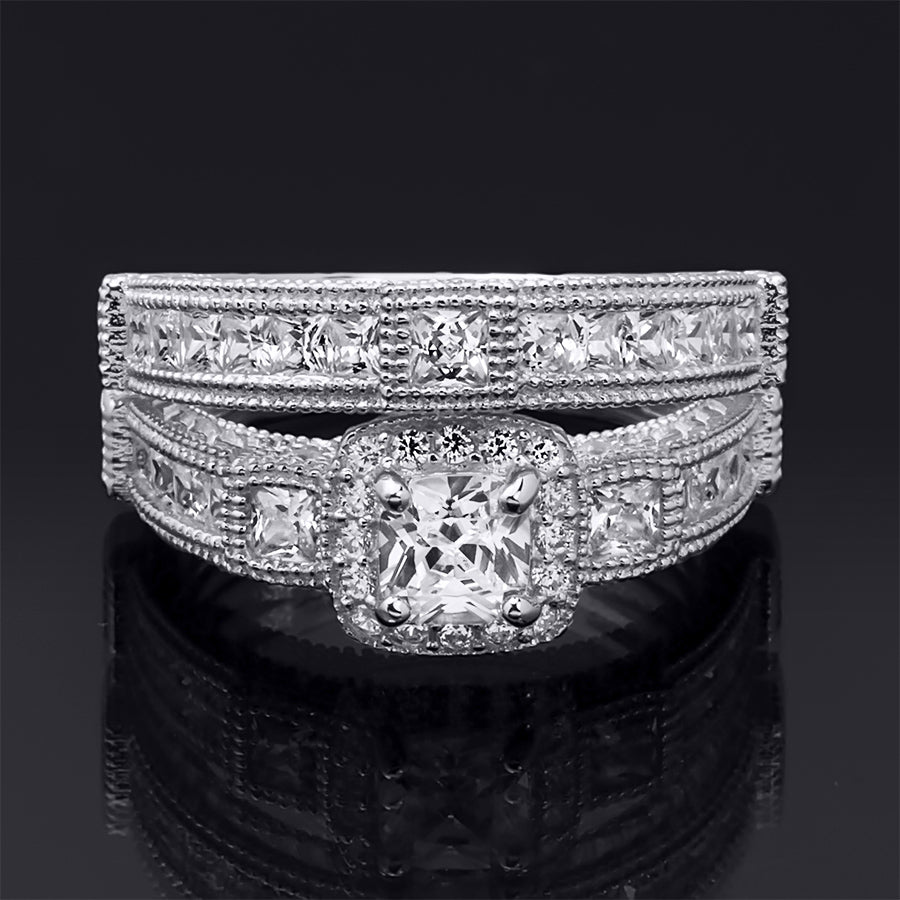 1.5 Carat Princess Cut Wedding Band Bridal Ring Set Real Solid Silver