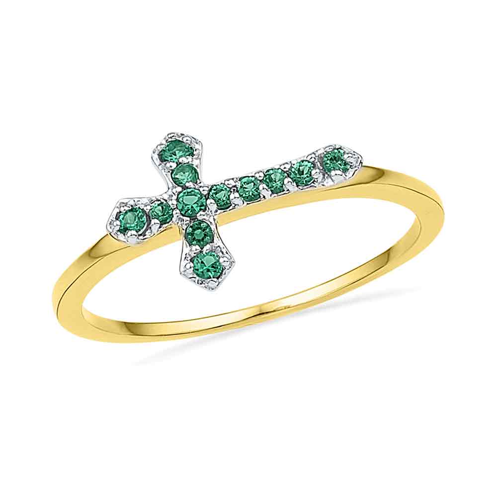 10kt Yellow Gold Womens Round Lab-Created Emerald Christian Cross Band Ring 1/8 Cttw