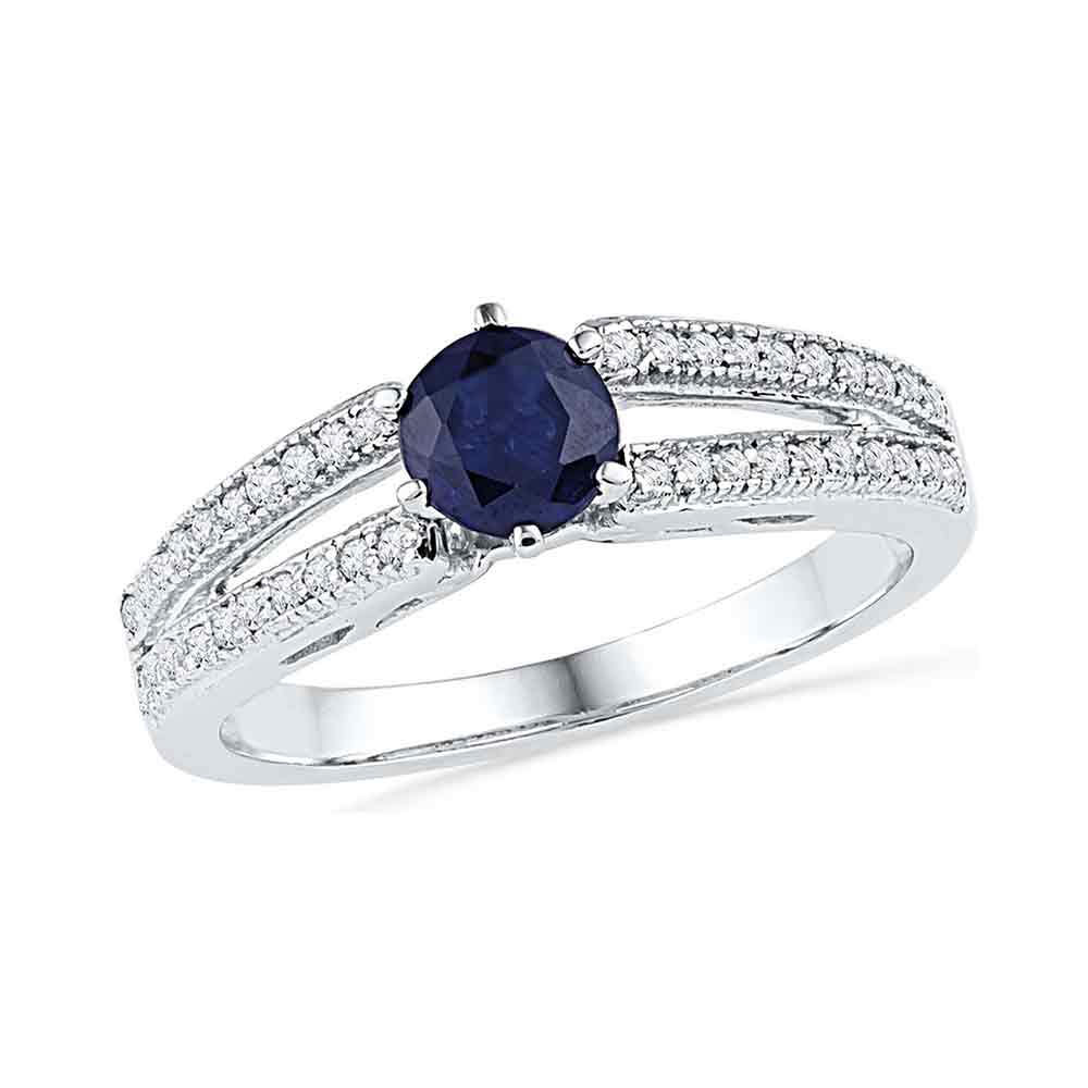 10kt White Gold Womens Round Lab-Created Blue Sapphire Solitaire Split-shank Ring 1/5 Cttw
