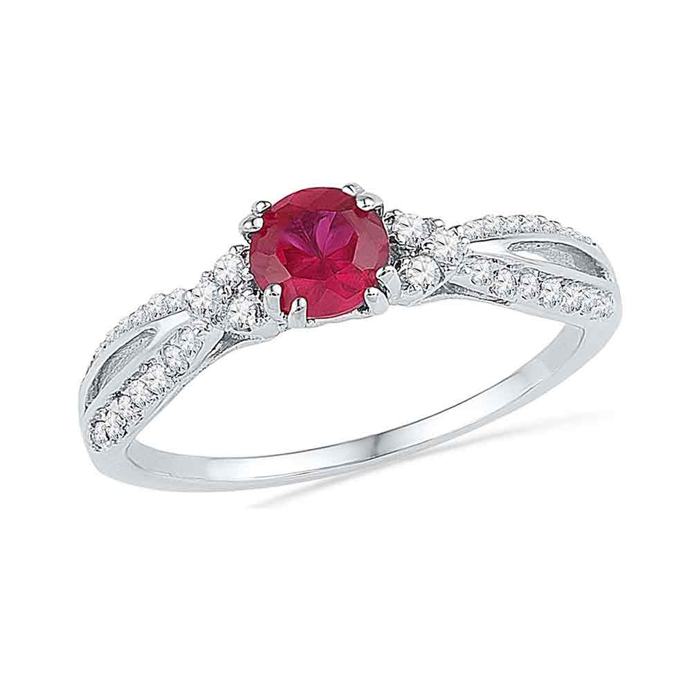 10kt White Gold Womens Round Lab-Created Ruby Solitaire Diamond Split-shank Ring 3/4 Cttw