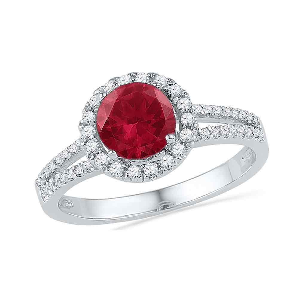 10kt White Gold Womens Round Lab-Created Ruby Solitaire Diamond Halo Ring 1-5/8 Cttw
