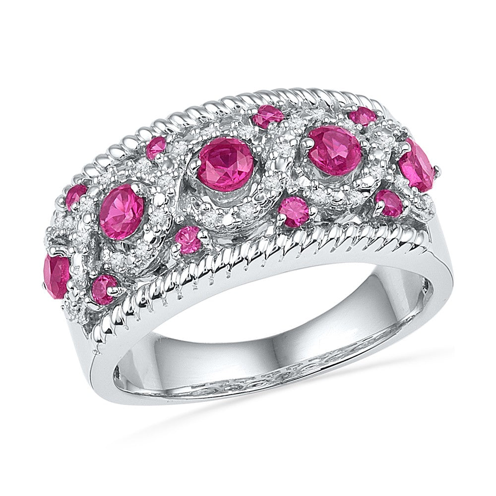 10kt White Gold Womens Round Lab-Created Pink Sapphire Diamond Roped Band 1-1/10 Cttw