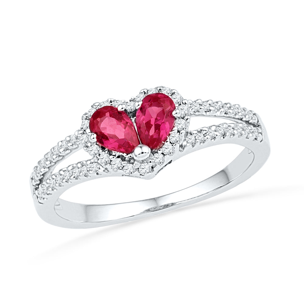 10kt White Gold Womens Pear Lab-Created Ruby Heart Split-shank Ring 3/4 Cttw