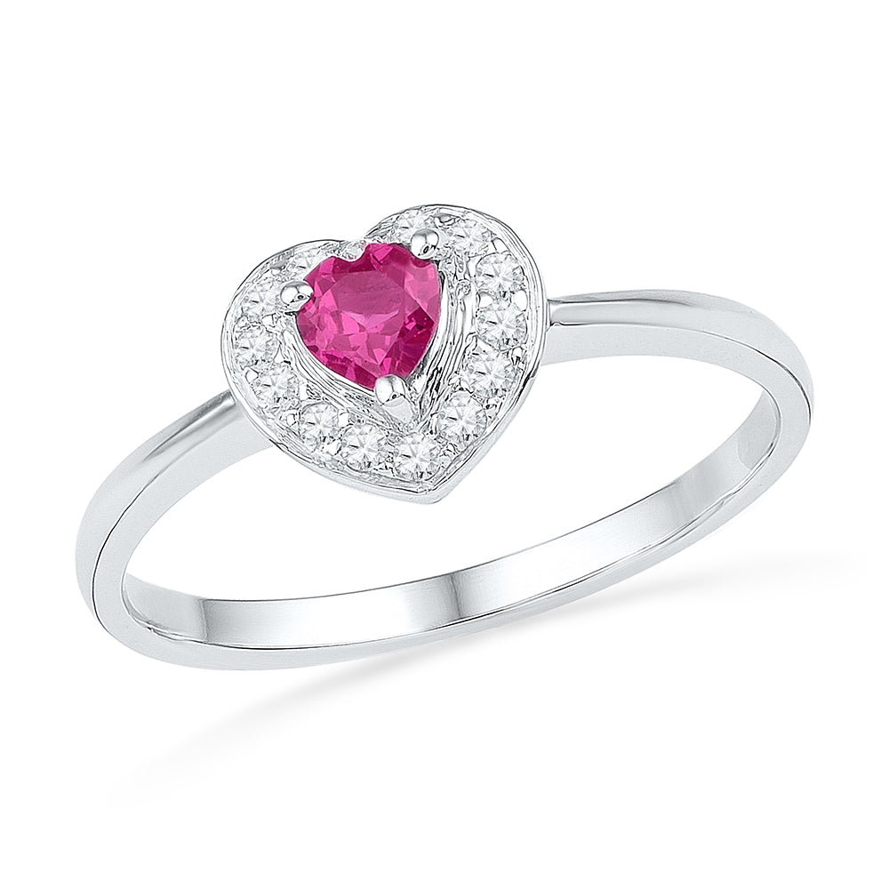 10kt White Gold Womens Round Lab-Created Pink Sapphire Heart Love Ring 1/10 Cttw