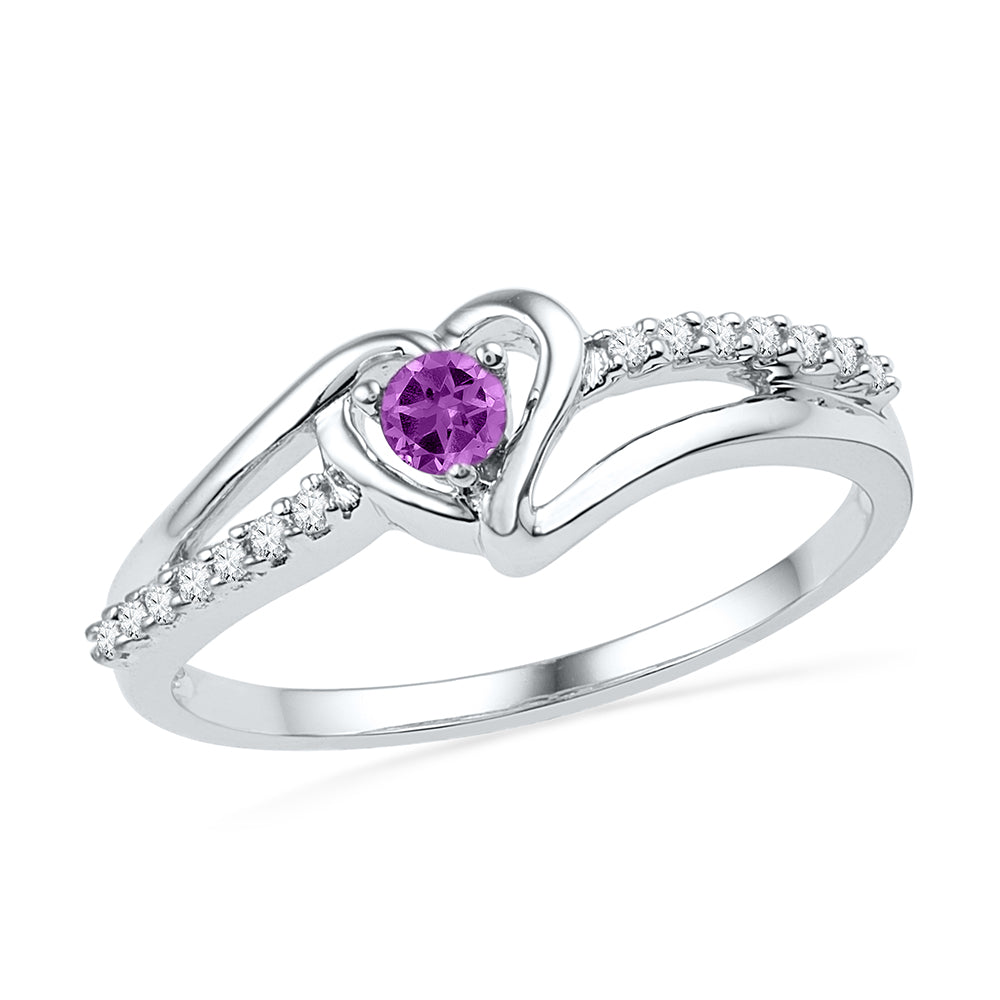 10kt White Gold Womens Lab-Created Amethyst Heart Love Ring 1/5 Cttw