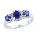 10kt White Gold Womens Round Lab-Created Blue Sapphire 3-stone Diamond Ring 1-3/8 Cttw