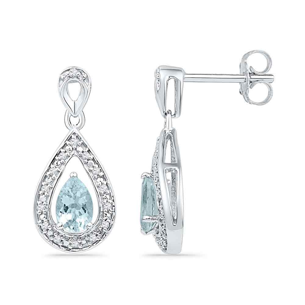 10k White Gold Diamond & Lab-Created Aquamarine Teardrop Dangle Screwback Earrings 5/8 Cttw