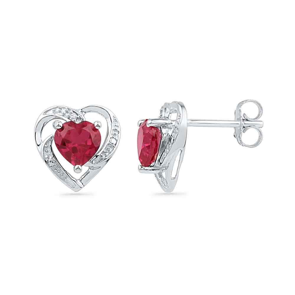 10kt White Gold Womens Round Lab-Created Ruby Heart Love Earrings 3/8 Cttw