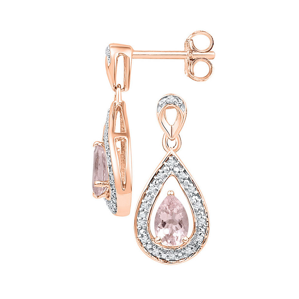 10kt Rose Gold Womens Pear Lab-Created Morganite Diamond Dangle Earrings 1/2 Cttw