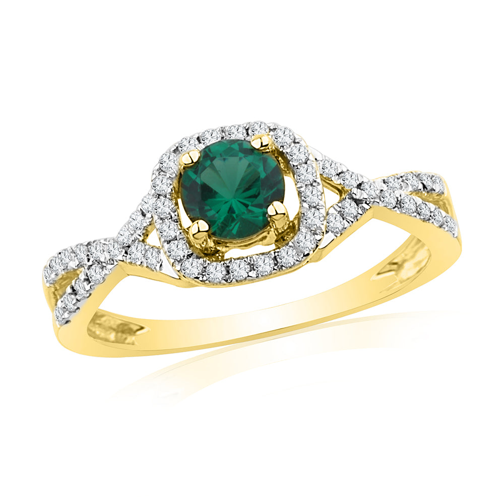 10kt Yellow Gold Womens Round Lab-Created Emerald Solitaire Diamond Ring 3/4 Cttw