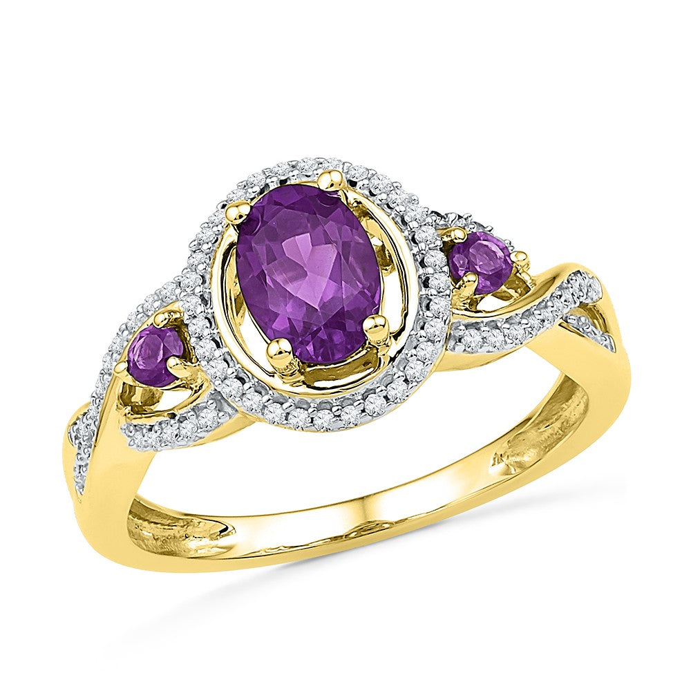 10kt Yellow Gold Womens Oval Lab-Created Amethyst Solitaire Diamond Ring 1.00 Cttw