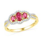 10kt Yellow Gold Womens Oval Lab-Created Ruby 3-stone Diamond Frame Ring 7/8 Cttw