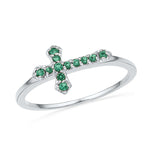 Sterling Silver Womens Round Lab-Created Emerald Cross Religious Ring 1/8 Cttw