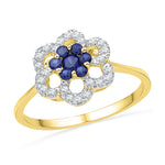 10kt Yellow Gold Womens Round Lab-Created Blue Sapphire & Diamond Flower Cluster Ring 1/8 Cttw