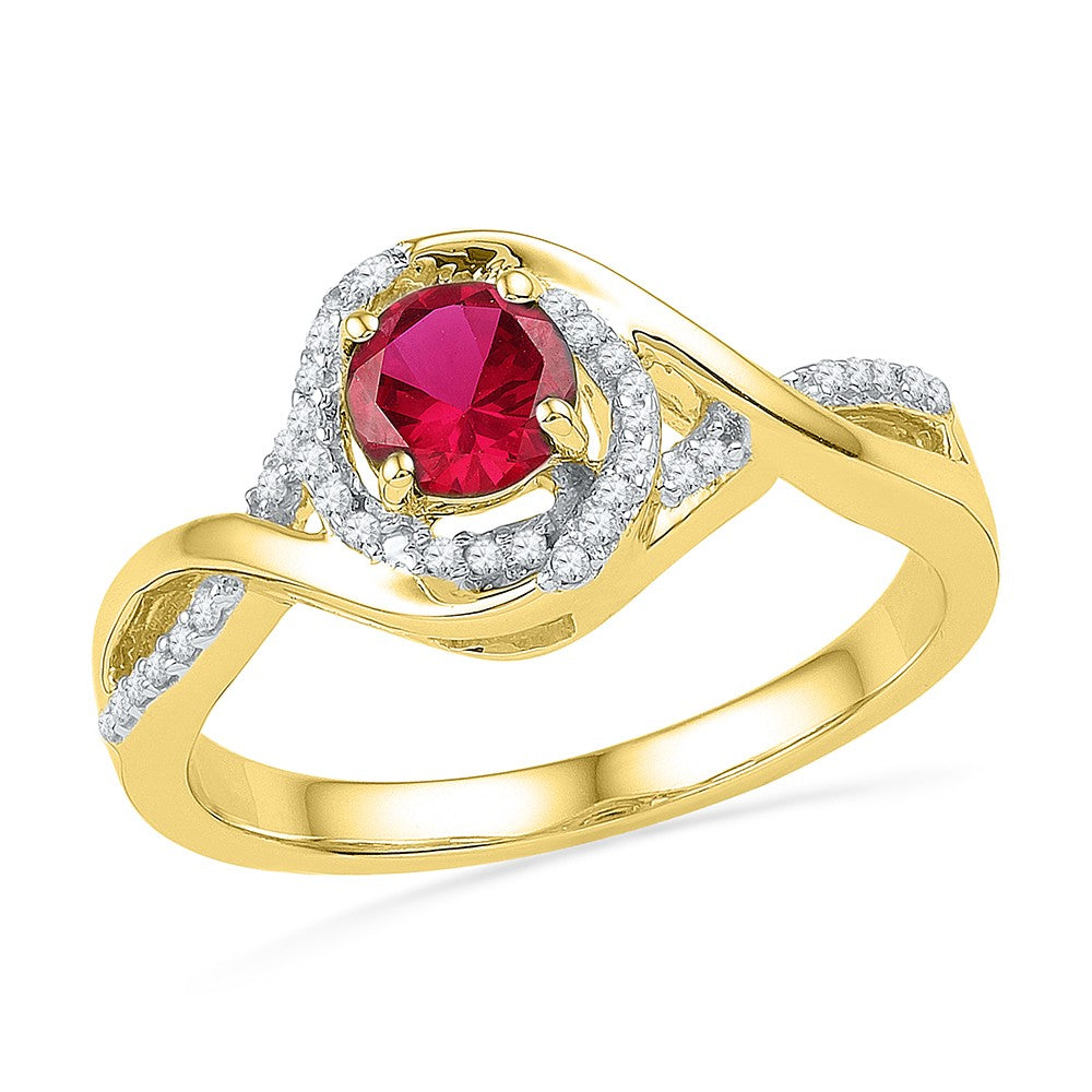 10kt Yellow Gold Womens Round Lab-Created Ruby Solitaire Diamond Twist Ring 3/4 Cttw
