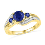 10kt Yellow Gold Womens Round Lab-Created Blue Sapphire 3-stone Diamond Ring 1-1/10 Cttw
