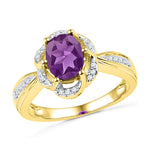 10kt Yellow Gold Womens Oval Lab-Created Amethyst Solitaire Diamond-accent Ring 1-3/4 Cttw