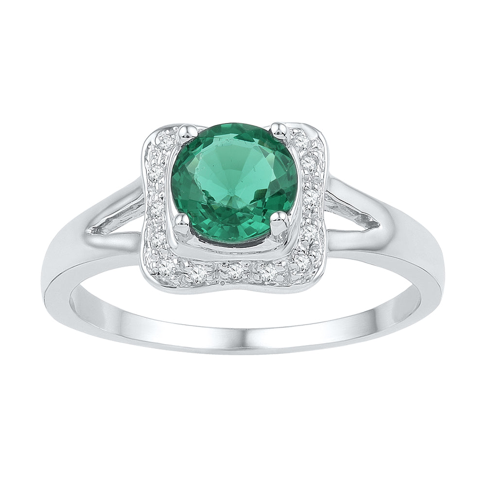 Sterling Silver Womens Round Lab-Created Emerald Solitaire Square Frame Ring 3/4 Cttw