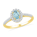 10kt Yellow Gold Womens Oval Lab-Created Aquamarine Solitaire Diamond Ring 1/5 Cttw