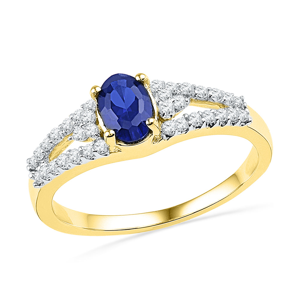10kt Yellow Gold Womens Oval Lab-Created Blue Sapphire Solitaire Diamond Ring 1.00 Cttw