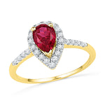 10kt Yellow Gold Womens Pear Lab-Created Ruby Solitaire Diamond Frame  Ring 1-1/5 Cttw