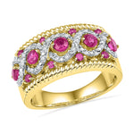 10kt Yellow Gold Womens Round Lab-Created Pink Sapphire Diamond Roped Band 1/10 Cttw