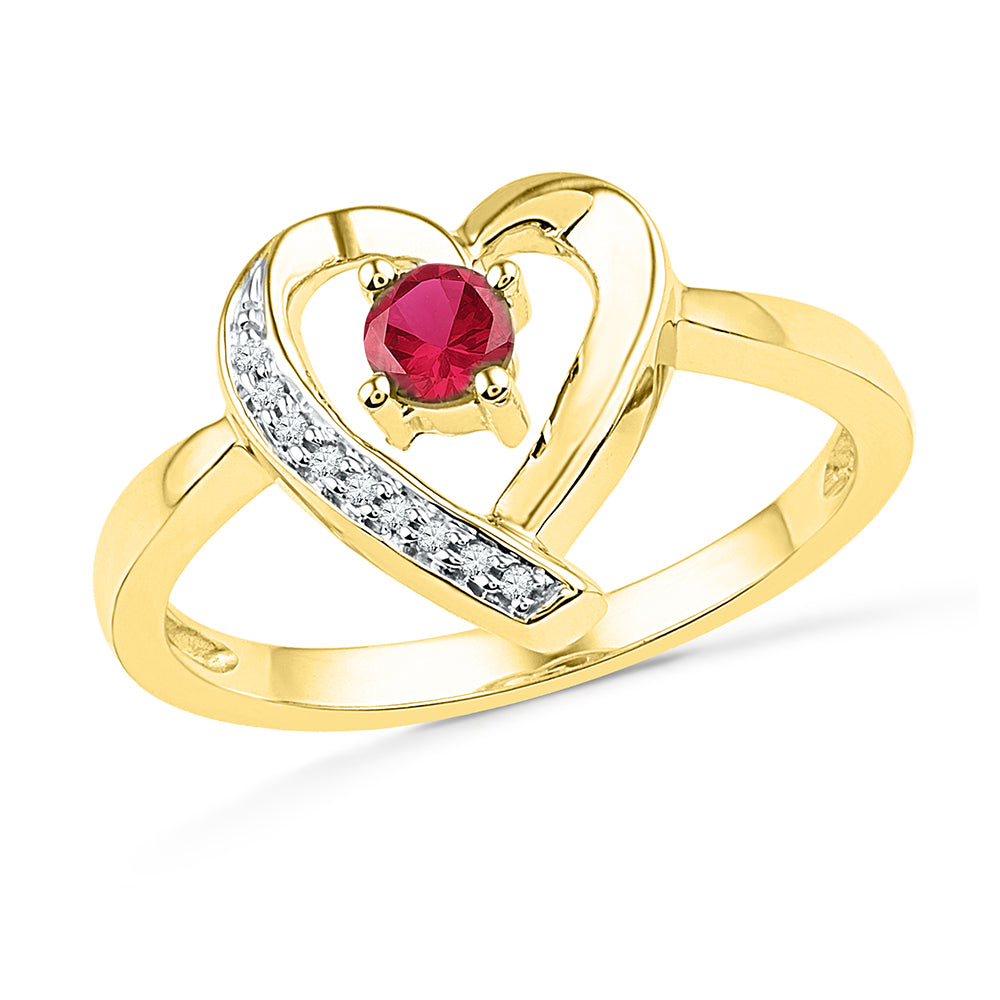 10kt Yellow Gold Womens Round Lab-Created Ruby Heart Love Ring 1/4 Cttw