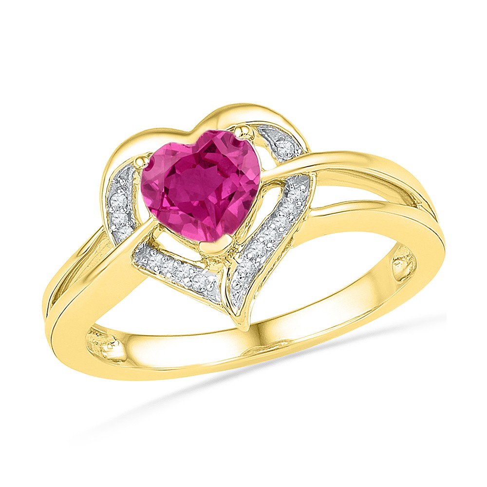 10kt Yellow Gold Womens Round Lab-Created Pink Sapphire Heart Ring 1.00 Cttw