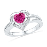 Sterling Silver Womens Round Lab-Created Pink Sapphire Heart Diamond Ring 1-1/8 Cttw