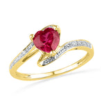 10kt Yellow Gold Womens Heart Lab-Created Ruby Solitaire Diamond-accent Bypass Ring 1.00 Cttw
