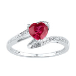 Sterling Silver Womens Heart Lab-Created Ruby Solitaire Diamond Ring 1-1/10 Cttw