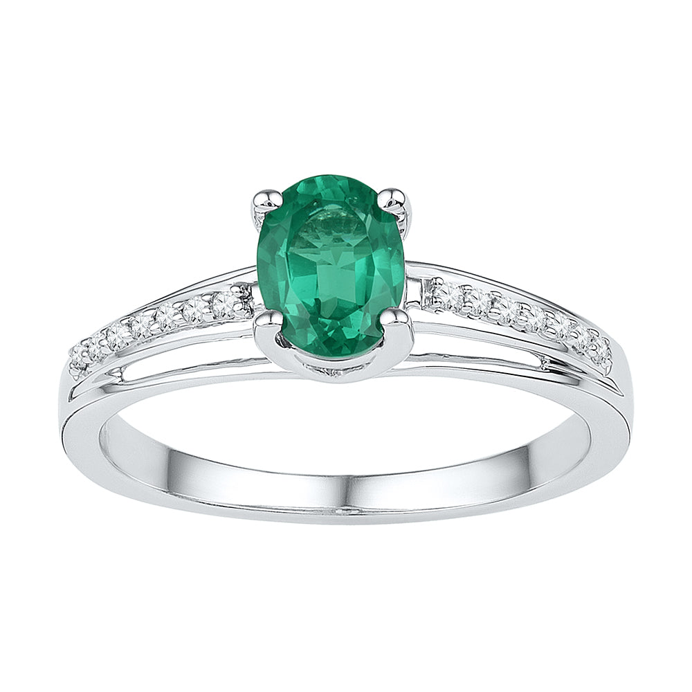 Sterling Silver Womens Oval Lab-Created Emerald Solitaire Diamond Ring 1/2 Cttw