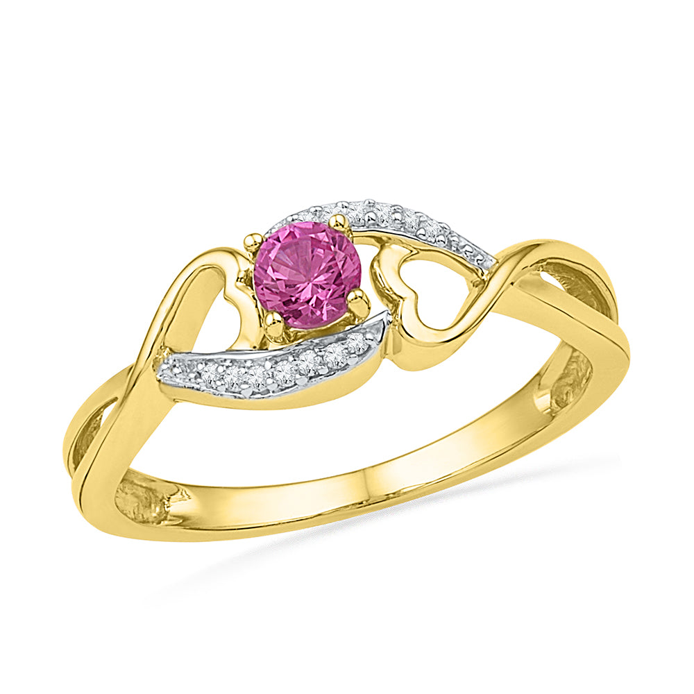 10kt Yellow Gold Womens Round Lab-Created Pink Sapphire Diamond Heart Ring 1/20 Cttw