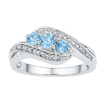 10kt White Gold Womens Round Lab-Created Blue Topaz 3-stone Diamond Ring 1/2 Cttw