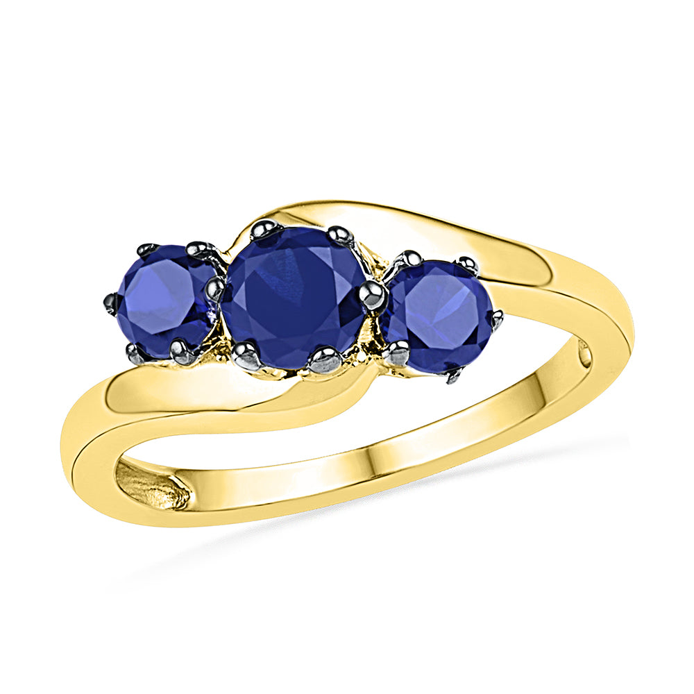 10kt Yellow Gold Womens Round Lab-Created Blue Sapphire 3-stone Ring 1-1/2 Cttw