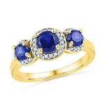 10kt Yellow Gold Womens Round Lab-Created Blue Sapphire 3-stone Diamond Ring 1-3/8 Cttw